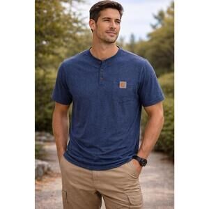 Carhartt Henley Pocket T Shirt Mens M Loose Fit Workwear Blue Heavyweight